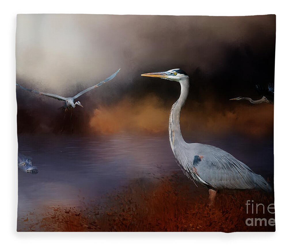 Florida Everglads National Park Fleece Blanket featuring the mixed media Collection of Great Blue Heron by Ed Taylor