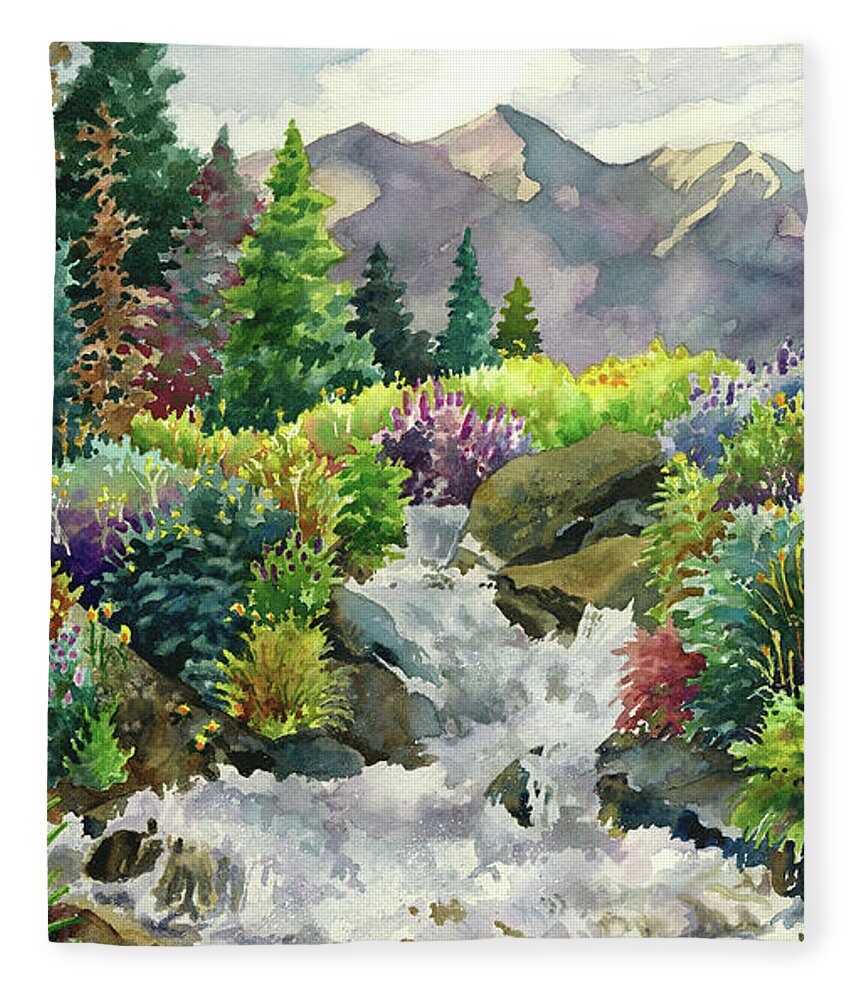  Colorado Art Paintings Fleece Blanket featuring the painting Colorado Waterfall by Anne Gifford