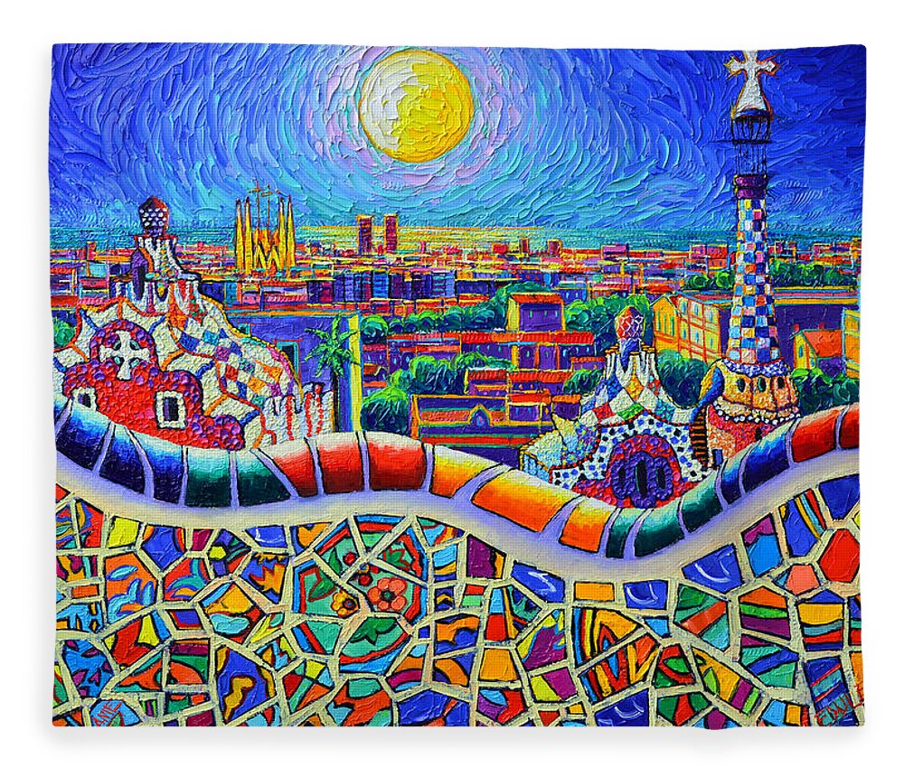 Barcelona Fleece Blanket featuring the painting COLORFUL BARCELONA PARK GUELL MAGIC NIGHT BY MOON palette knife oil painting by Ana Maria Edulescu by Ana Maria Edulescu