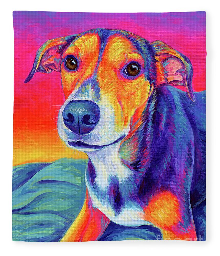 Beagle Fleece Blanket featuring the painting Colorful Beagle Mix - Scrappy by Rebecca Wang