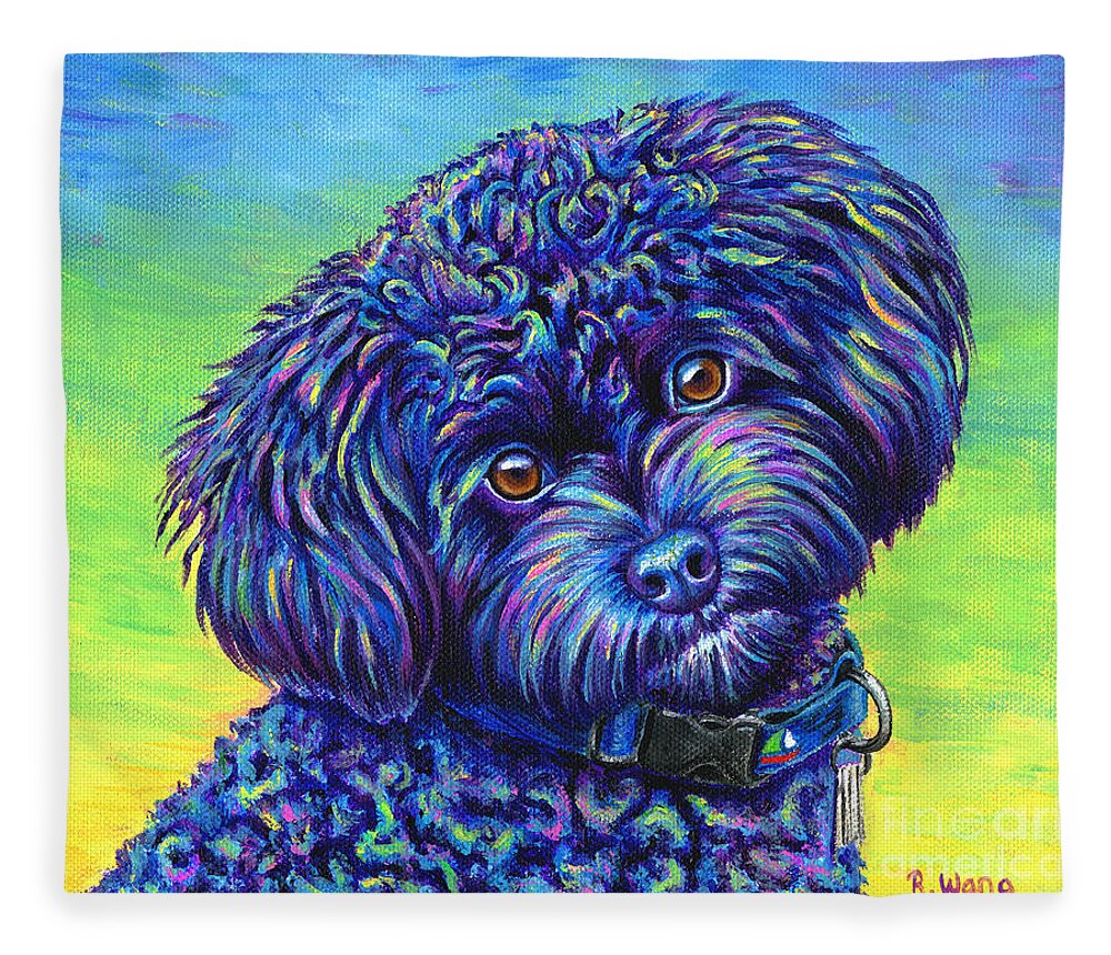 Poodle Fleece Blanket featuring the painting Opalescent - Black Toy Poodle by Rebecca Wang