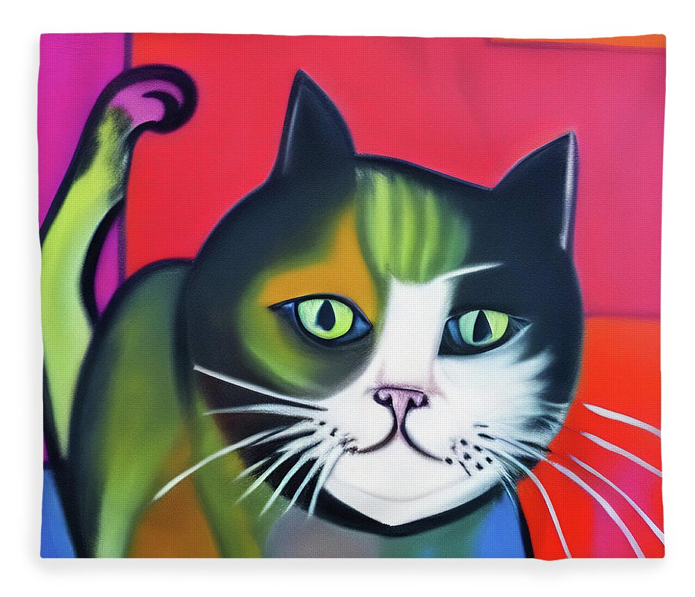 Cat Fleece Blanket featuring the digital art Colorful cat by Tatiana Travelways