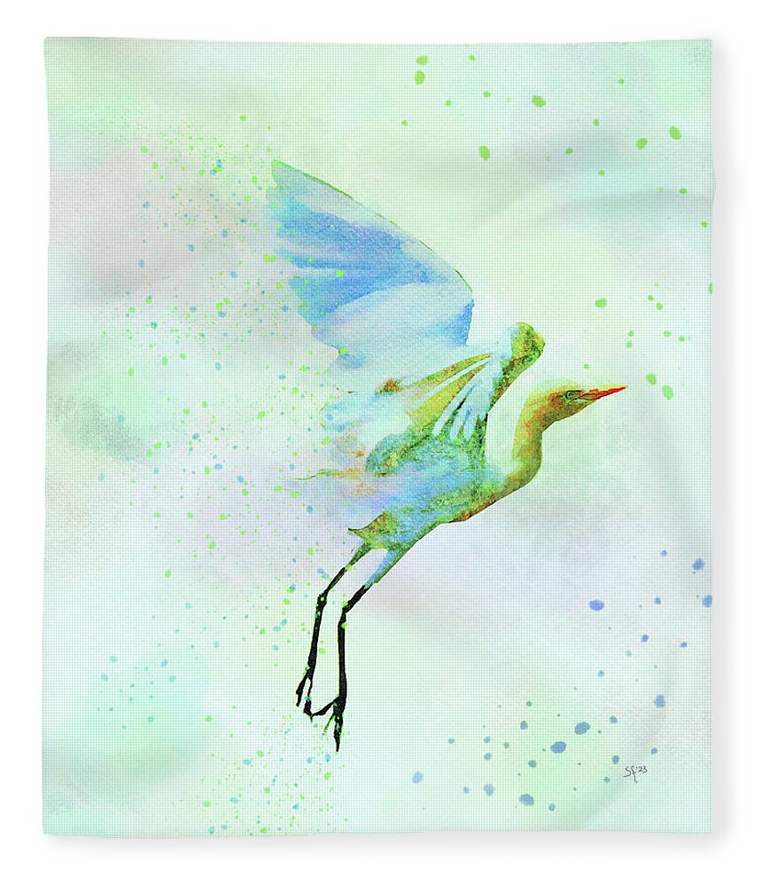 Colorful Fleece Blanket featuring the digital art Colorful Crane Watercolor Bird Wildlife Painting by Shelli Fitzpatrick