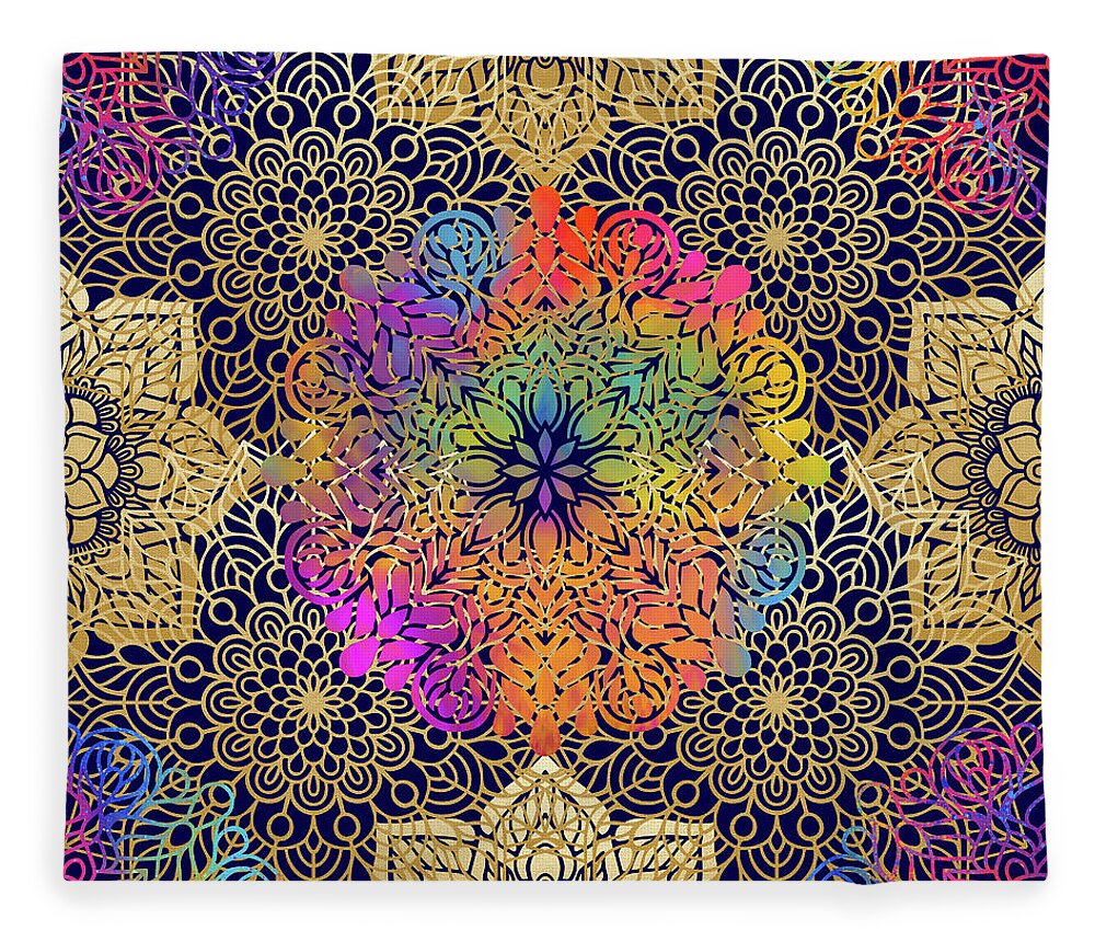 Mandala Fleece Blanket featuring the digital art Colorful Gold Mandala Pattern in Black Background by Sambel Pedes