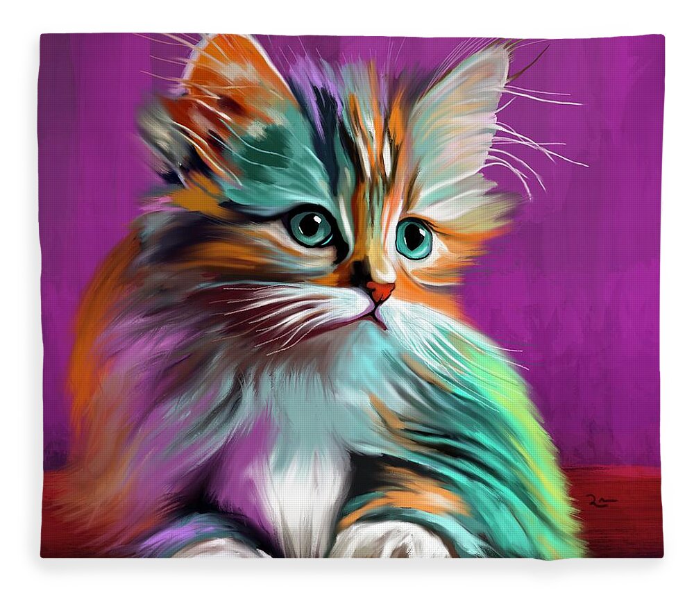 Cat Fleece Blanket featuring the digital art Colorful Kitty by Mark Ross