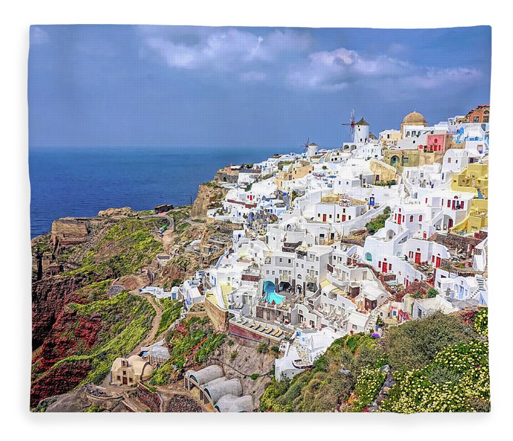 Santorini Fleece Blanket featuring the photograph Colorful Oia Santorini by Yvonne Jasinski