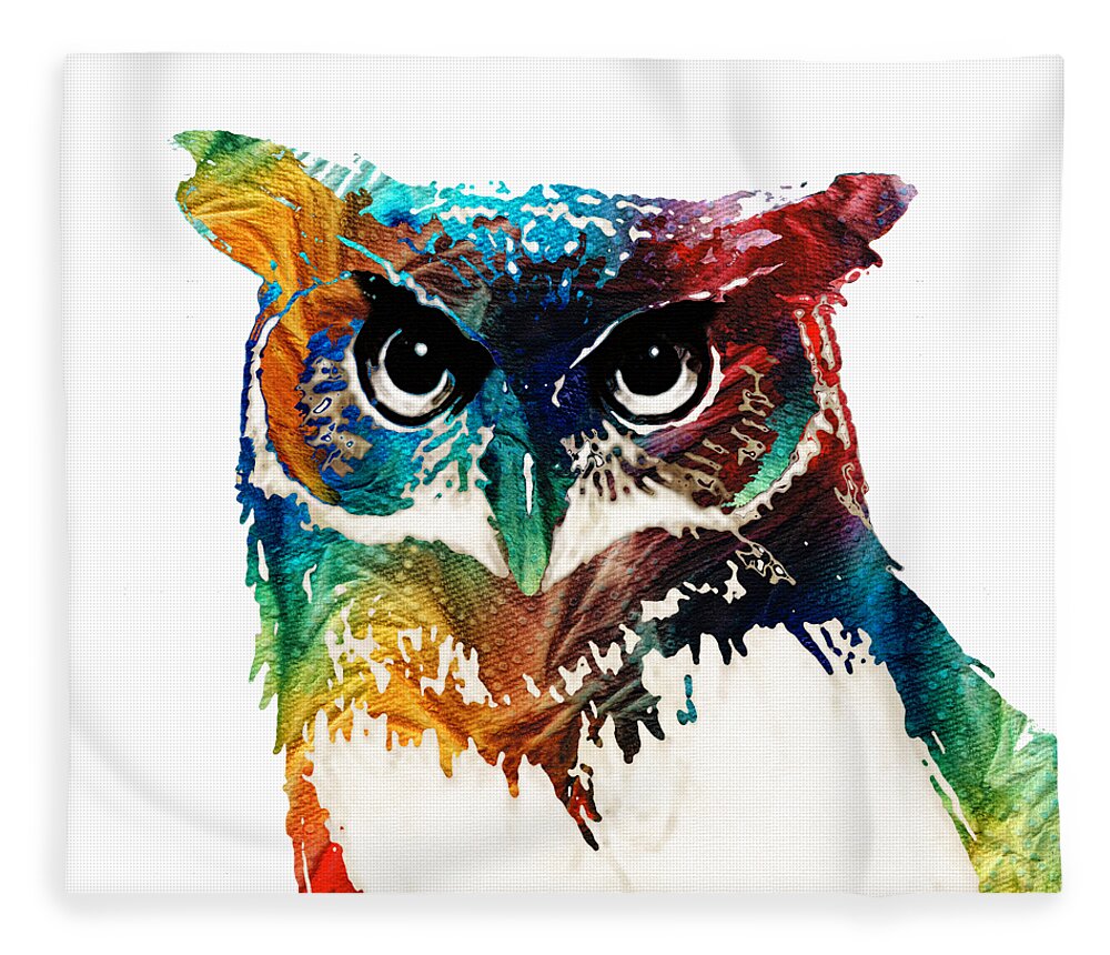 Owl Fleece Blanket featuring the painting Colorful Owl Art - Wise Guy - By Sharon Cummings by Sharon Cummings