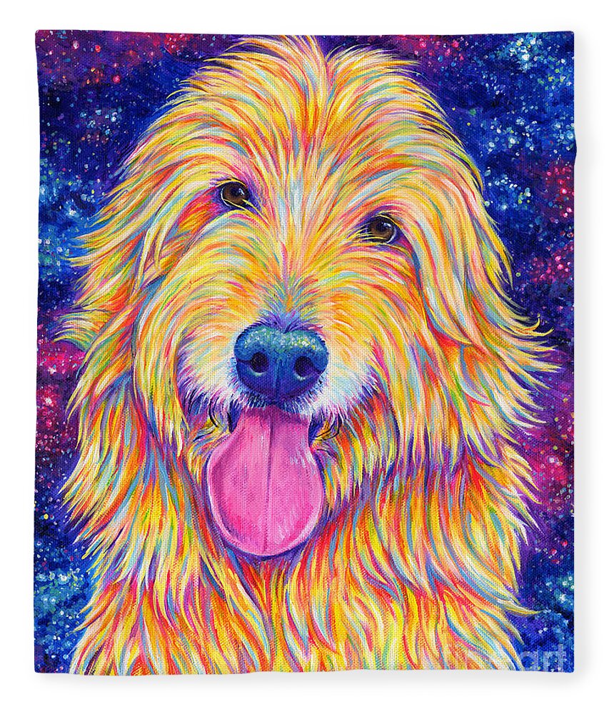Goldendoodle Fleece Blanket featuring the painting Colorful Rainbow Goldendoodle by Rebecca Wang