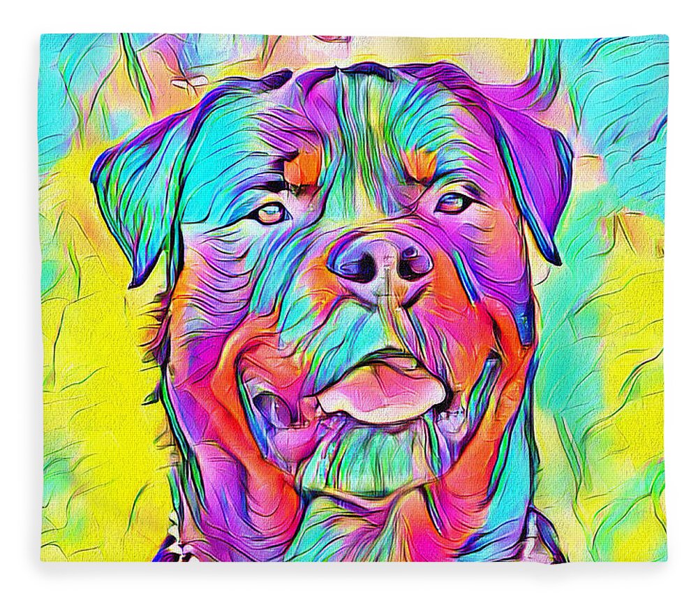 Rottweiler Dog Fleece Blanket featuring the digital art Colorful Rottweiler dog portrait - digital painting by Nicko Prints