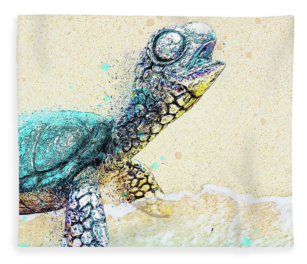 Sea Turtle On Beach Fleece Blanket featuring the digital art Colorful Sea Turtle on the Shore by Pamela Williams