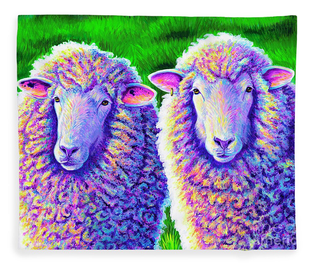 Sheep Fleece Blanket featuring the painting Colorful Sheep Portrait - Charlie and Curtis by Rebecca Wang