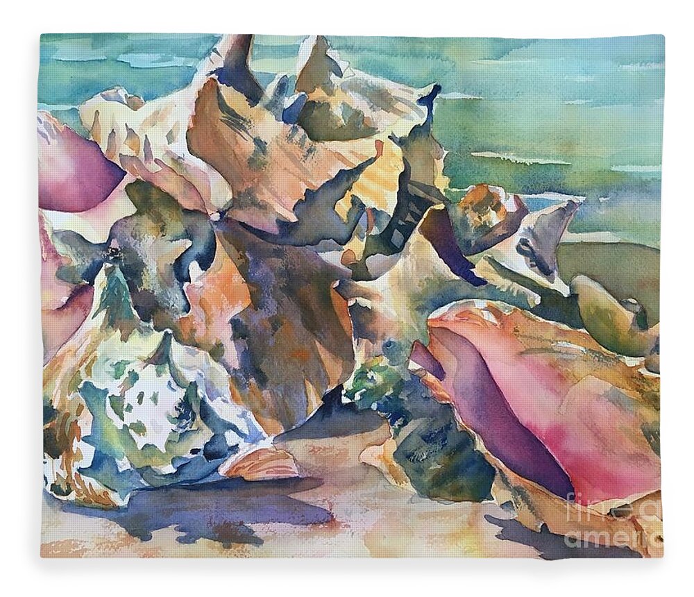 Waatercolor Fleece Blanket featuring the painting Conch Shells by Liana Yarckin