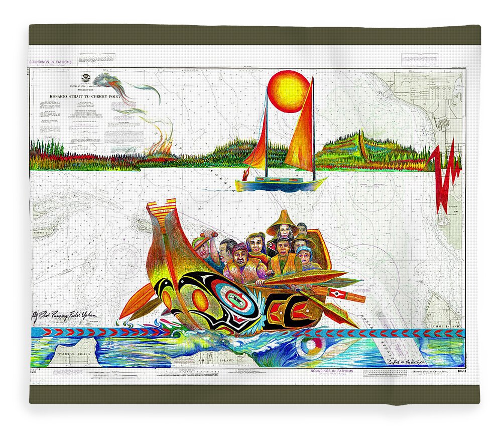 Canoe Journey Fleece Blanket featuring the drawing Conflict on the Horizon by Robert Running Fisher Upham