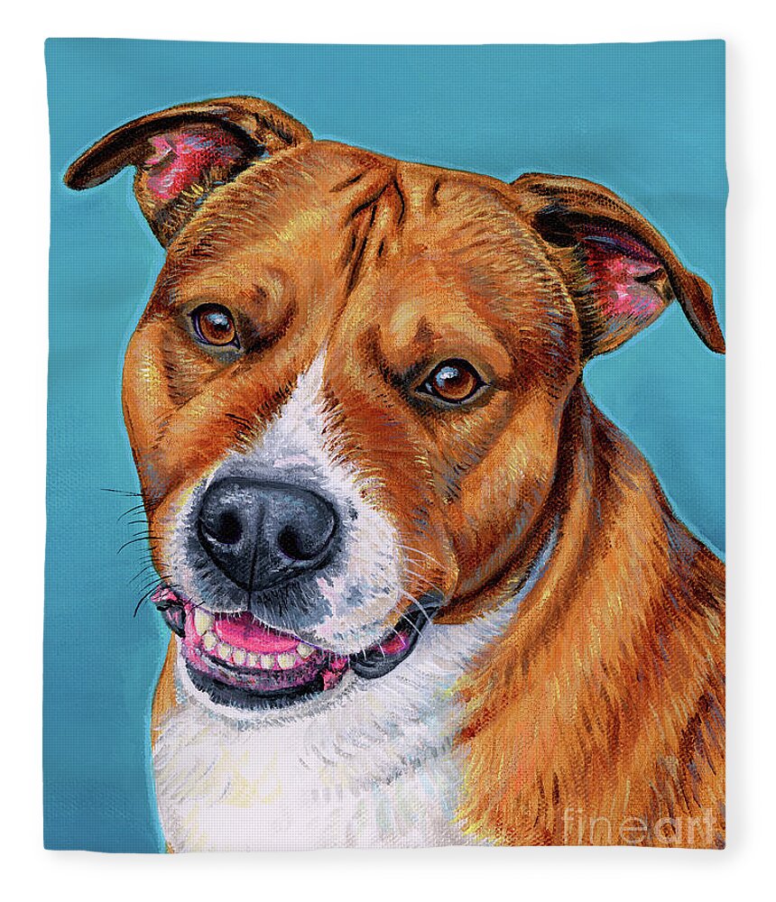 Dog Fleece Blanket featuring the painting Cooper the Pitbull Terrier by Rebecca Wang