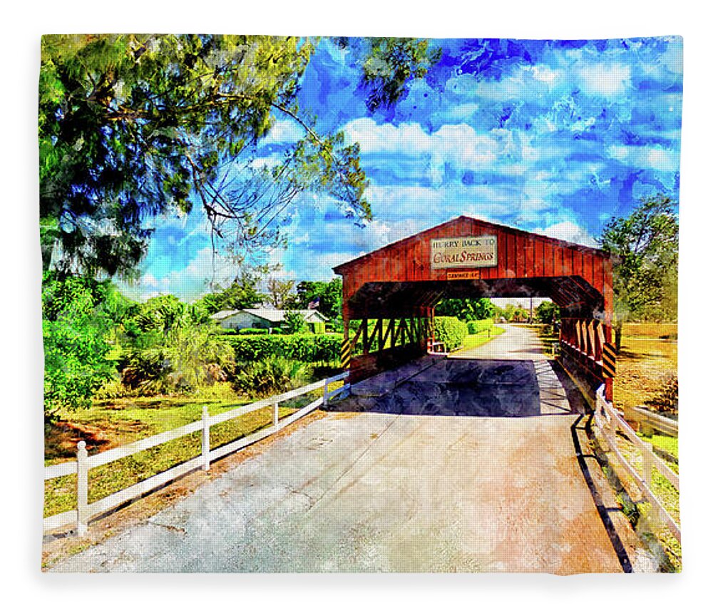 Coral Springs Covered Bridge Fleece Blanket featuring the digital art Coral Springs Covered Bridge - watercolor ink painting by Nicko Prints