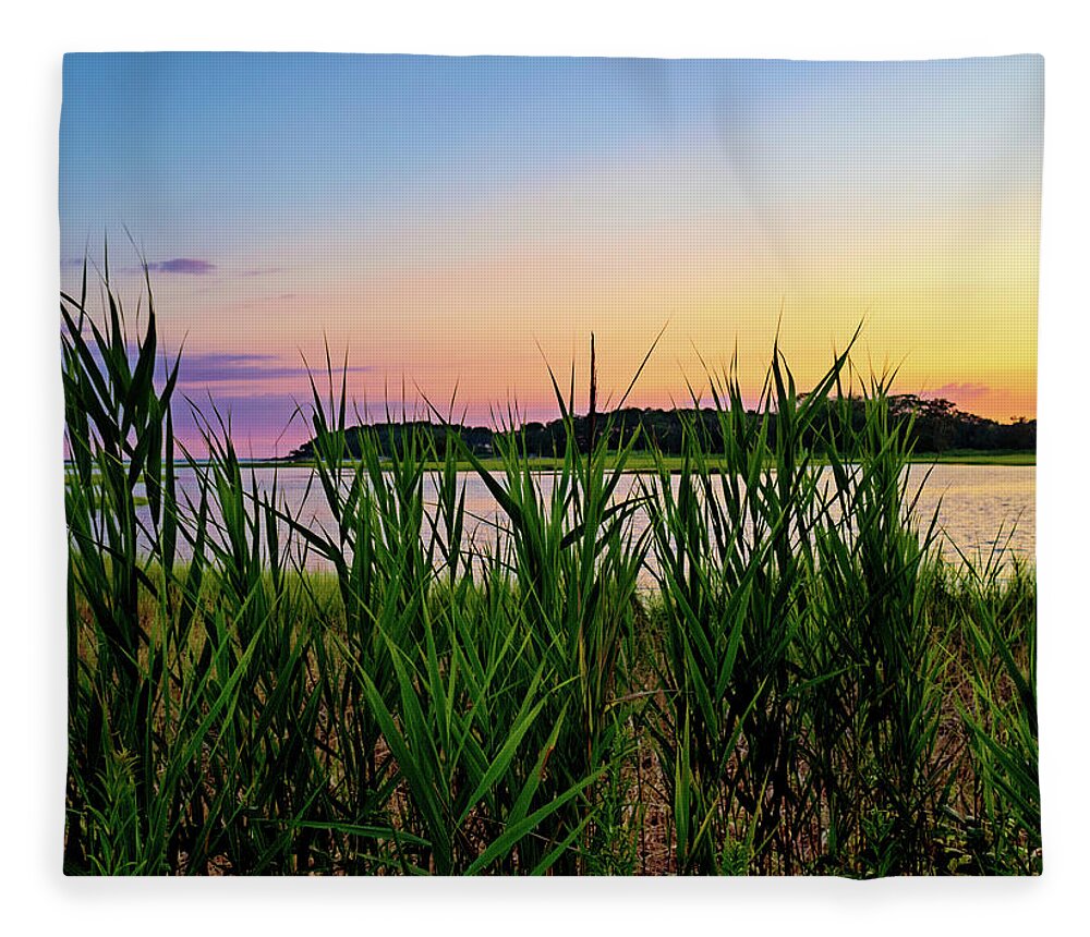 Reflections Fleece Blanket featuring the photograph Cordgrass Island and Sunset by Marianne Campolongo