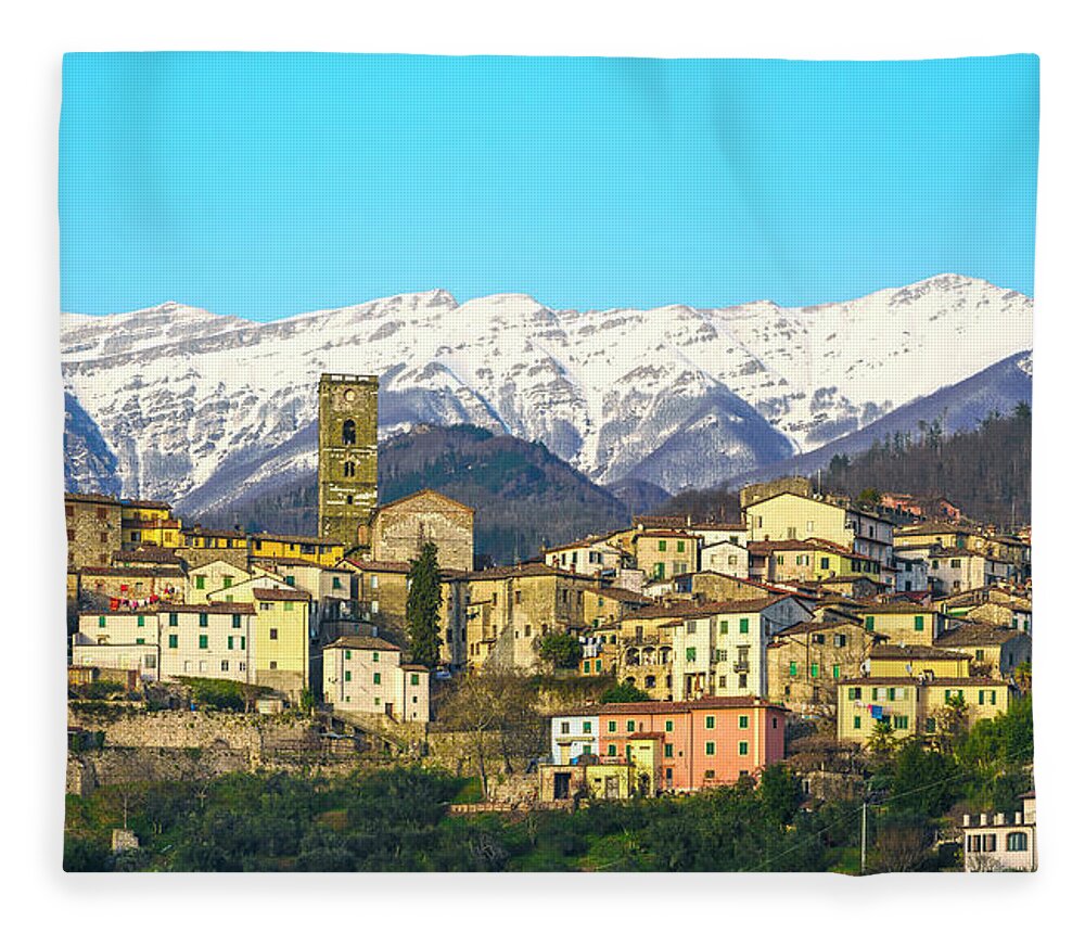 Coreglia Fleece Blanket featuring the photograph Coreglia Antelminelli and Snowy Apennines by Stefano Orazzini