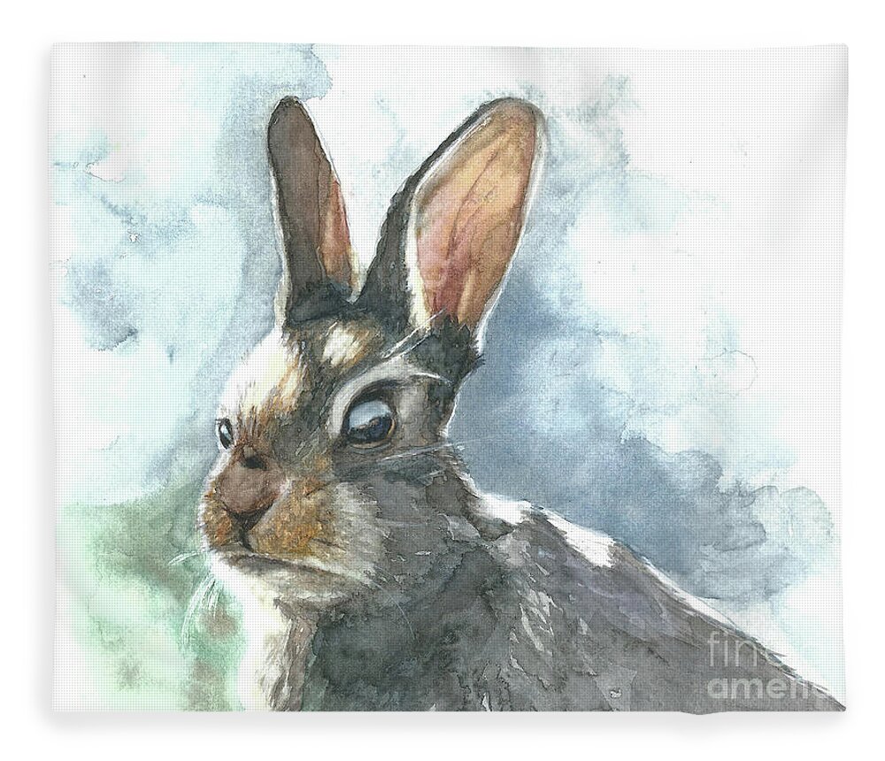 Rabbit Fleece Blanket featuring the painting Cottontail Rabbit by Pamela Schwartz