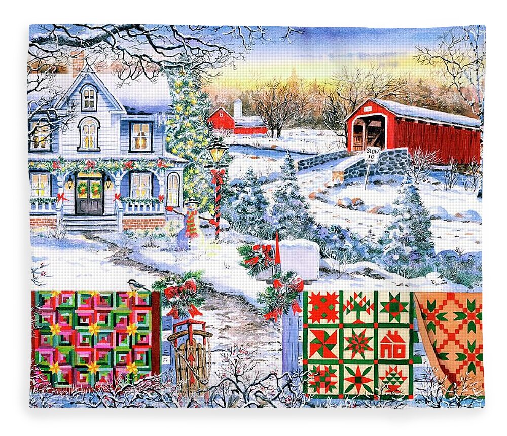 Snow Fleece Blanket featuring the painting Country Christmas by Diane Phalen