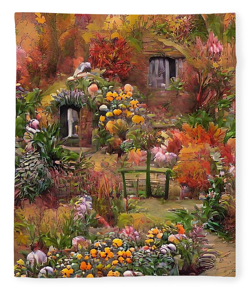 Garden Fleece Blanket featuring the painting Country Cottage in Autumn by Bonnie Bruno