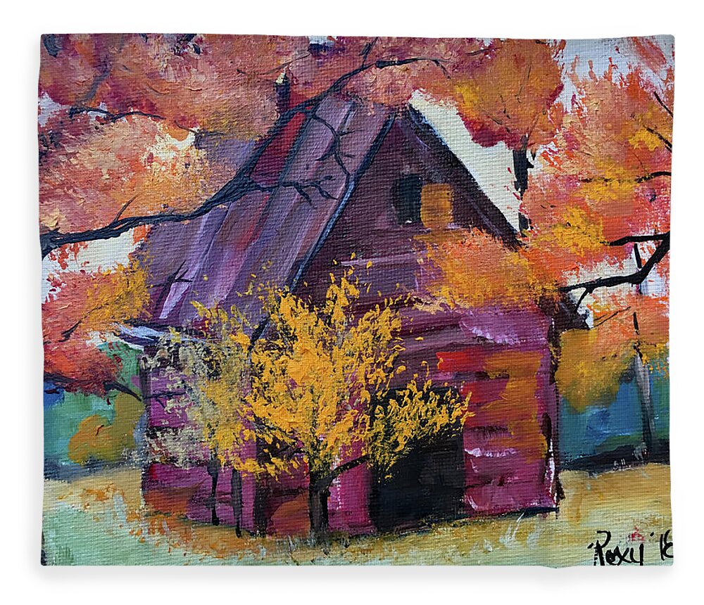 Barn Fleece Blanket featuring the painting Country Red Barn by Roxy Rich