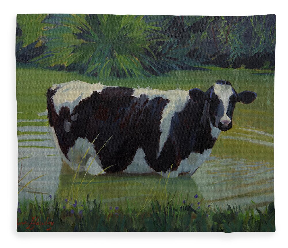 Farm Animals Fleece Blanket featuring the painting Cow Days of Summer by Carolyne Hawley
