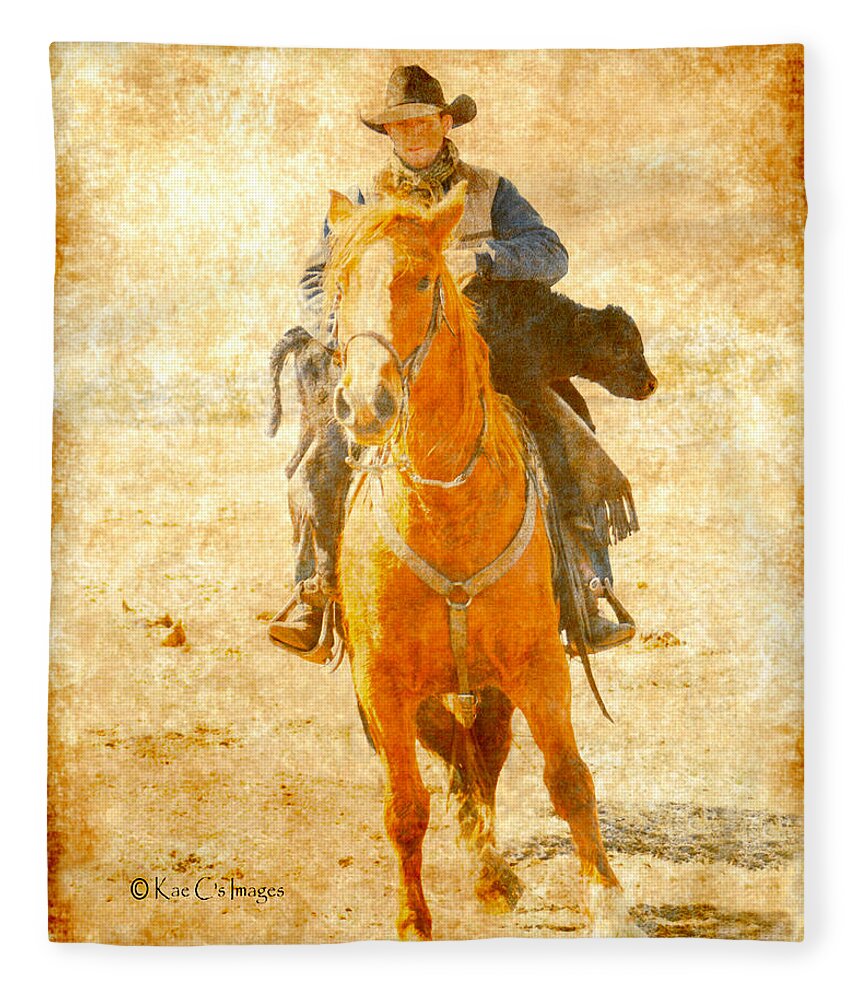 Cowboy Fleece Blanket featuring the mixed media Cowboy Helps Calf by Kae Cheatham