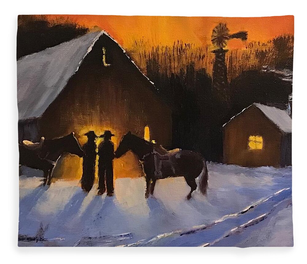 Cowboys Fleece Blanket featuring the painting Cowboys Evening by Shawn Smith