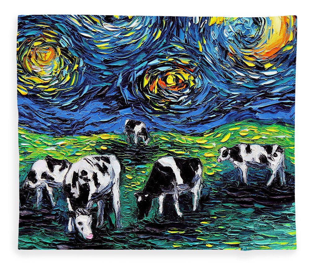 Cows Fleece Blanket featuring the painting Cow Starry Night by Aja Trier