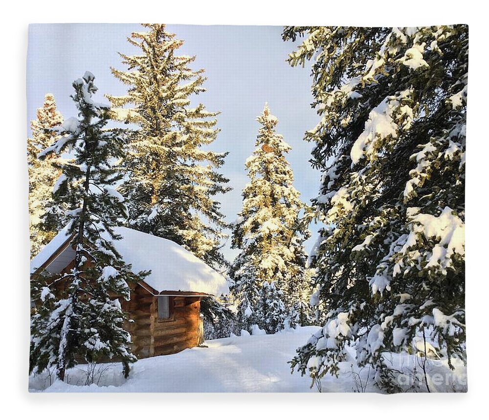 Cozy Cabin In Iconic Canadian Winter Scene. Fleece Blanket featuring the photograph Cozy Cabin by Nicola Finch