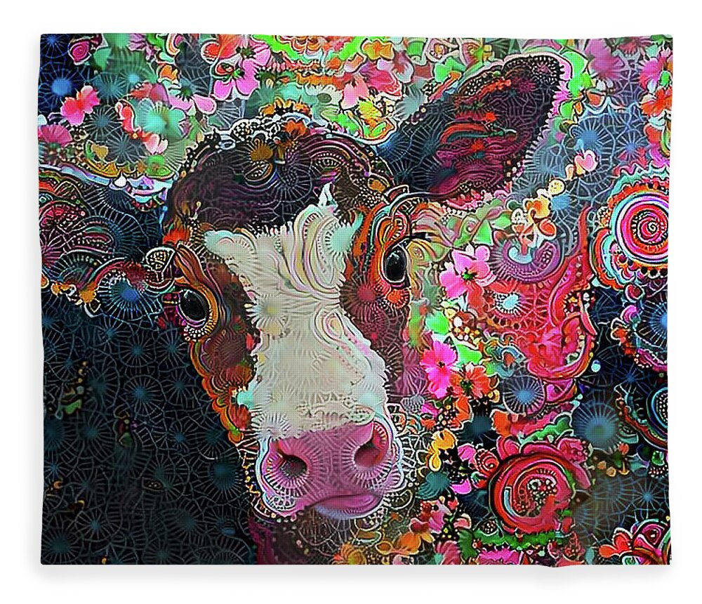 Cow Fleece Blanket featuring the digital art Crazy Colorful Cow by Peggy Collins