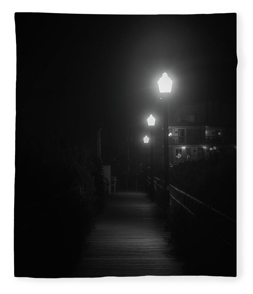 Pier Fleece Blanket featuring the photograph Crest Pier at Night Black and White by Jason Fink