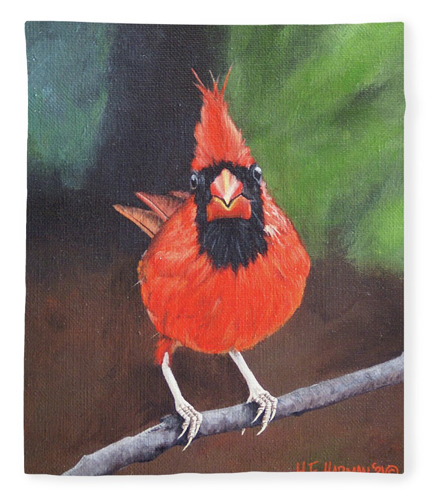 Northern Cardinal Fleece Blanket featuring the painting Crested Messenger by Heather E Harman
