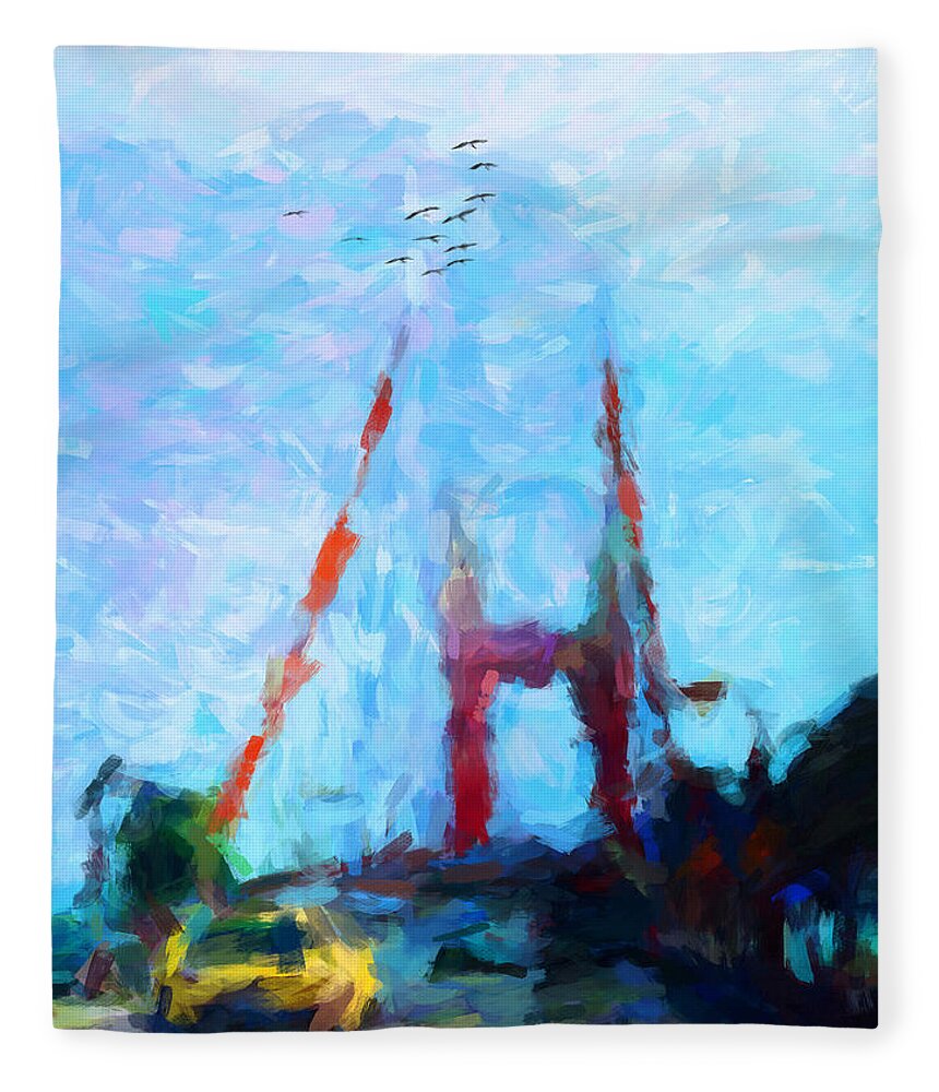 Colorful Fleece Blanket featuring the painting Crossing the Golden Gate Bridge, San Francisco, California by Trask Ferrero