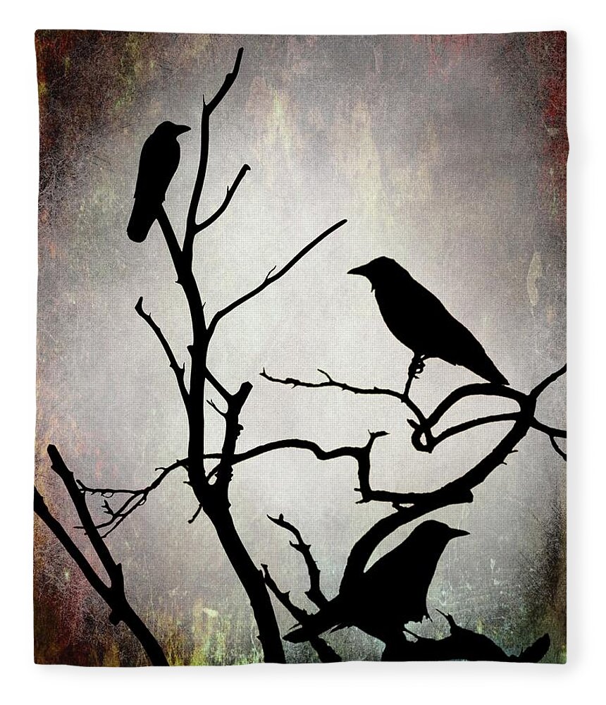 Bird Fleece Blanket featuring the digital art Crow Birds on Tree Bird 92 by Lucie Dumas
