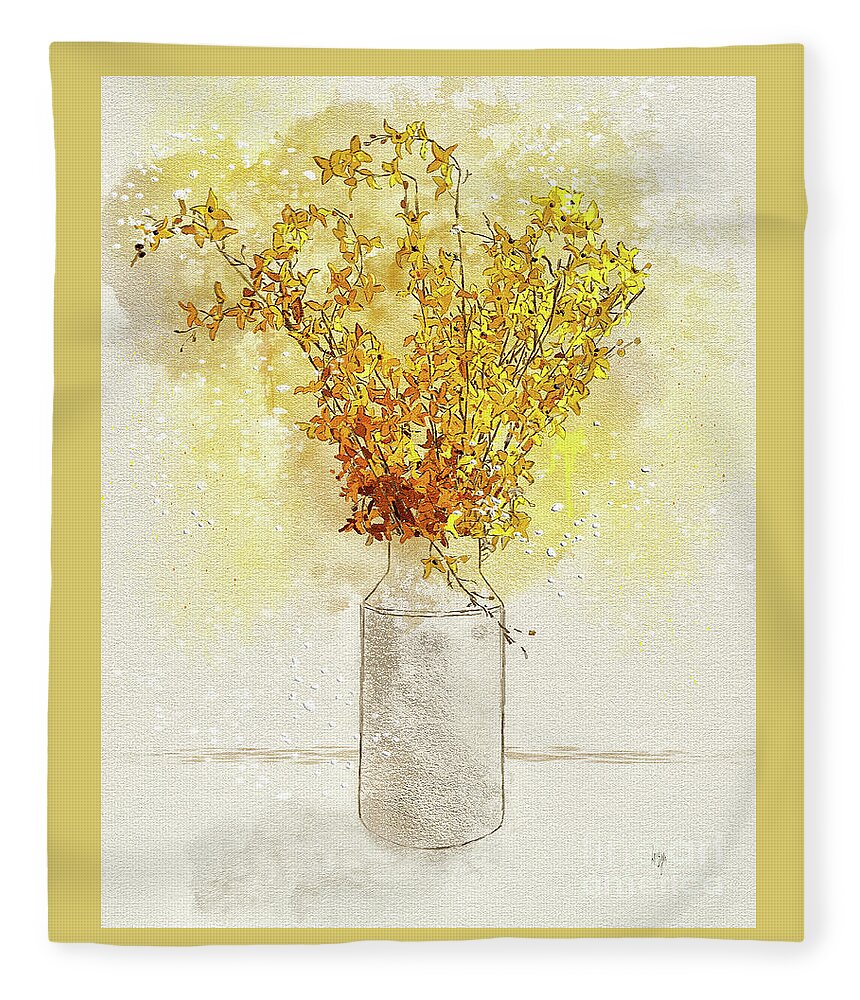 Forsythia Fleece Blanket featuring the digital art Cut Forsythia by Lois Bryan