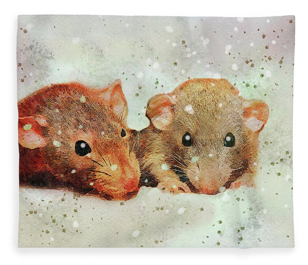 Cute Fleece Blanket featuring the mixed media Cute Mice Watercolor Painting by Shelli Fitzpatrick