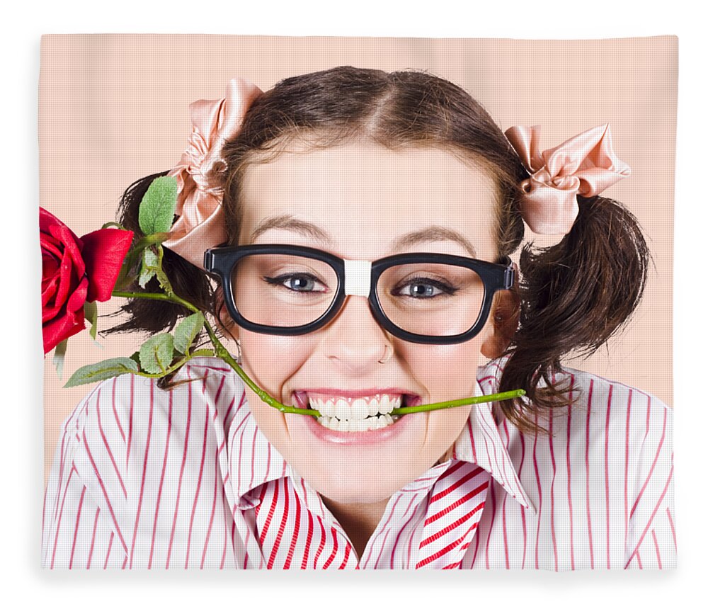 Funny Fleece Blanket featuring the photograph Cute Smiling Woman Wearing Nerd Glasses With Rose by Jorgo Photography