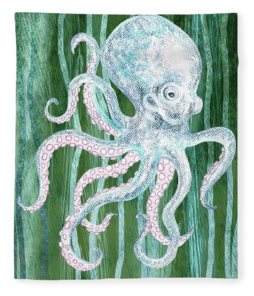 Octopus Fleece Blanket featuring the painting Cute Watercolor Octopus In Green Seaweed Wave Beach Art by Irina Sztukowski