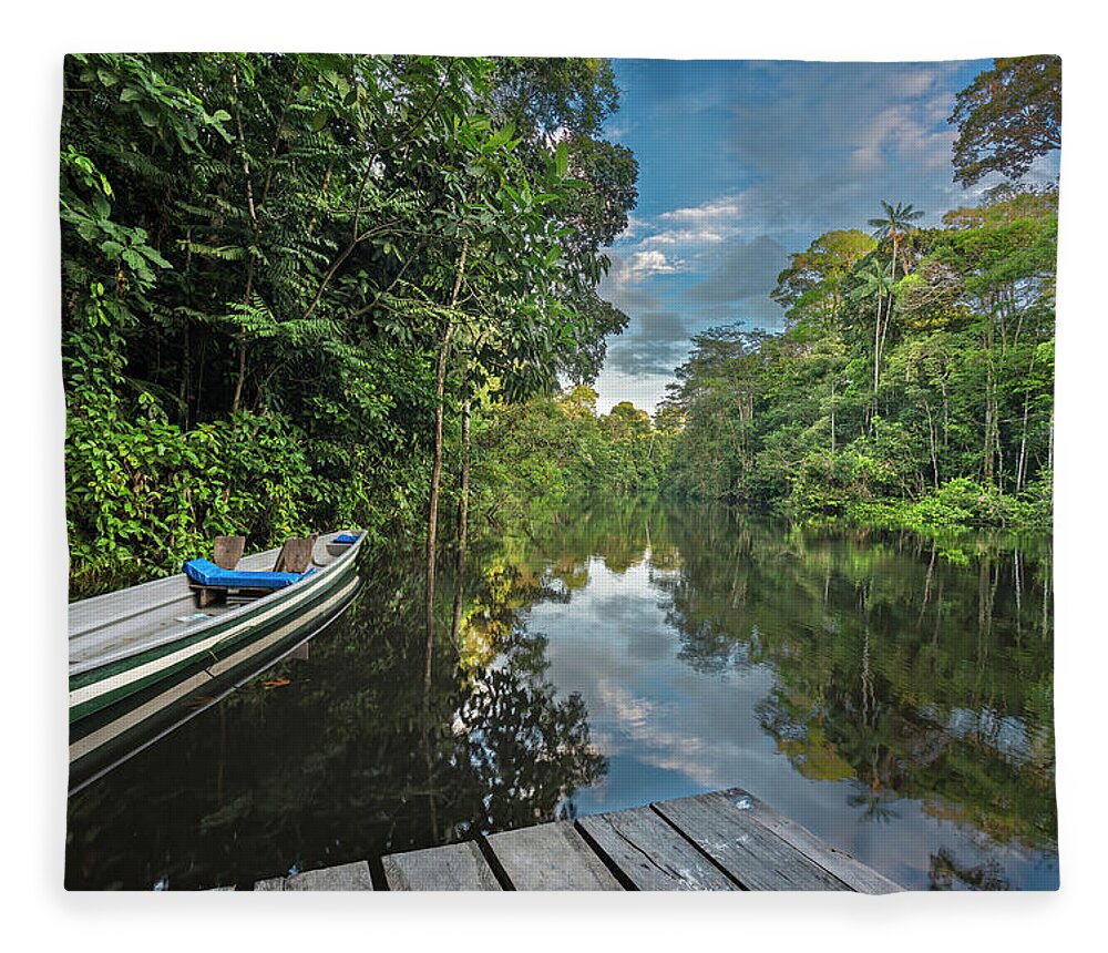 Amazon Fleece Blanket featuring the photograph Cuyabeno river pontoon and canoe by Henri Leduc