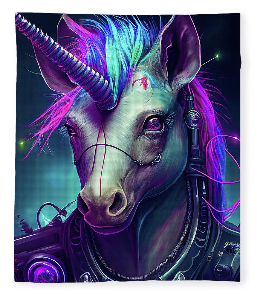 Unicorn Fleece Blanket featuring the digital art Cyberpunk Unicorn Portrait 01 by Matthias Hauser