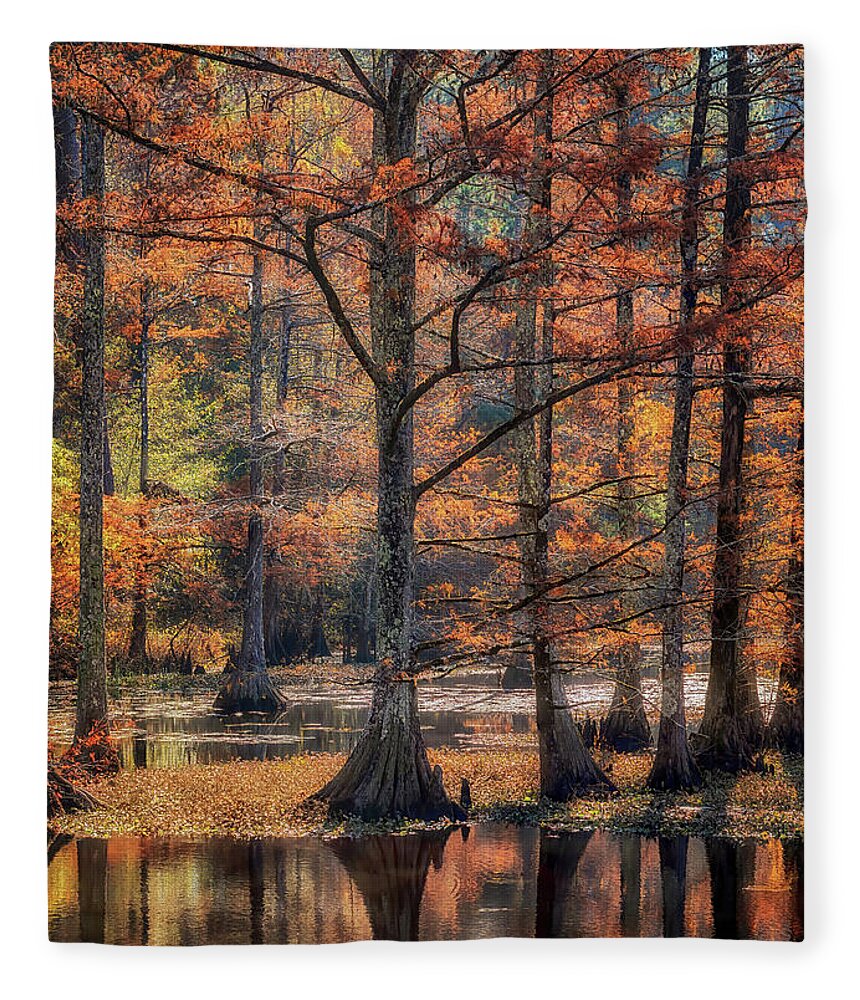Autumn Fleece Blanket featuring the photograph Cypress Cove Reflections by Susan Rissi Tregoning