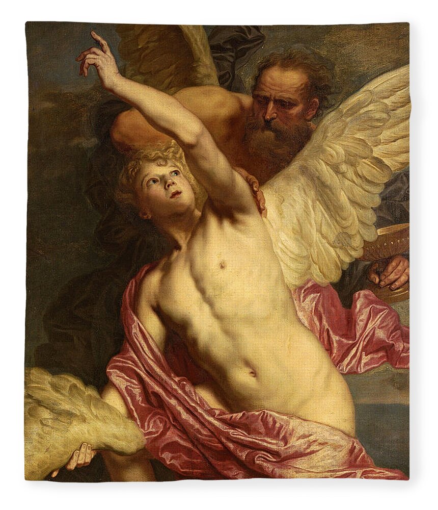 Pieter Thijs Fleece Blanket featuring the painting Daedalus fixing wings onto the shoulders of Icarus by Pieter Thijs