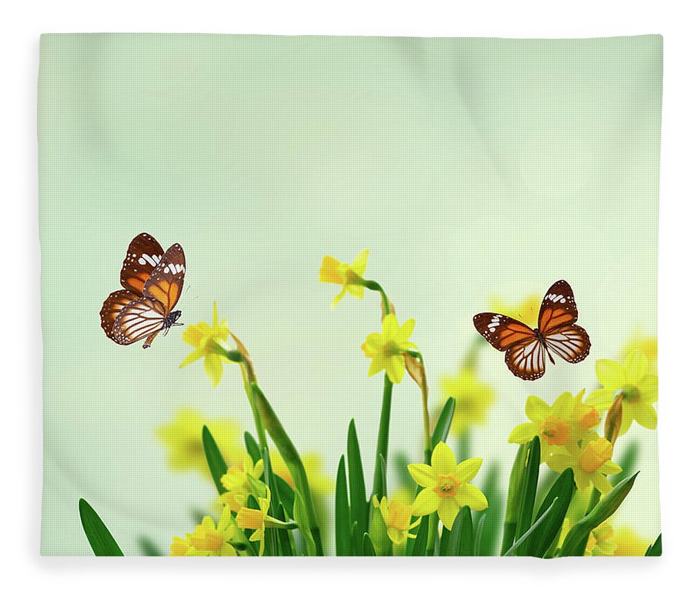 Daffodil Fleece Blanket featuring the photograph Daffodils and Butterflies by Anastasy Yarmolovich