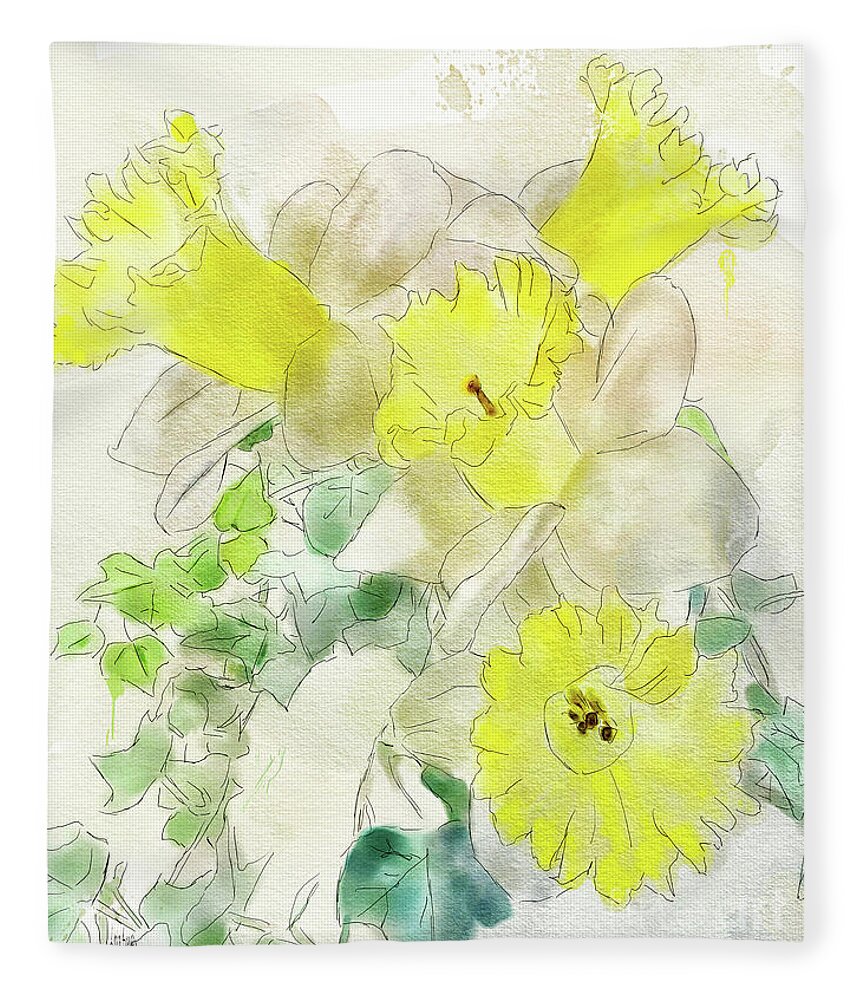 Flowers Fleece Blanket featuring the digital art Daffodils And Ivy by Lois Bryan