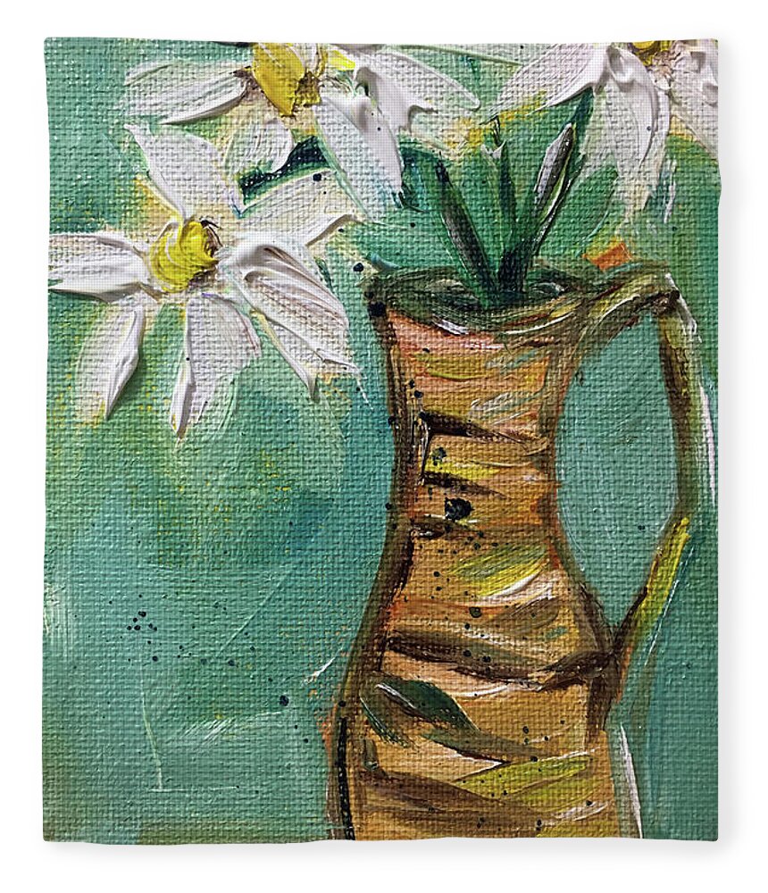 Daisies Fleece Blanket featuring the painting Daisies in a Wicker Pitcher by Roxy Rich