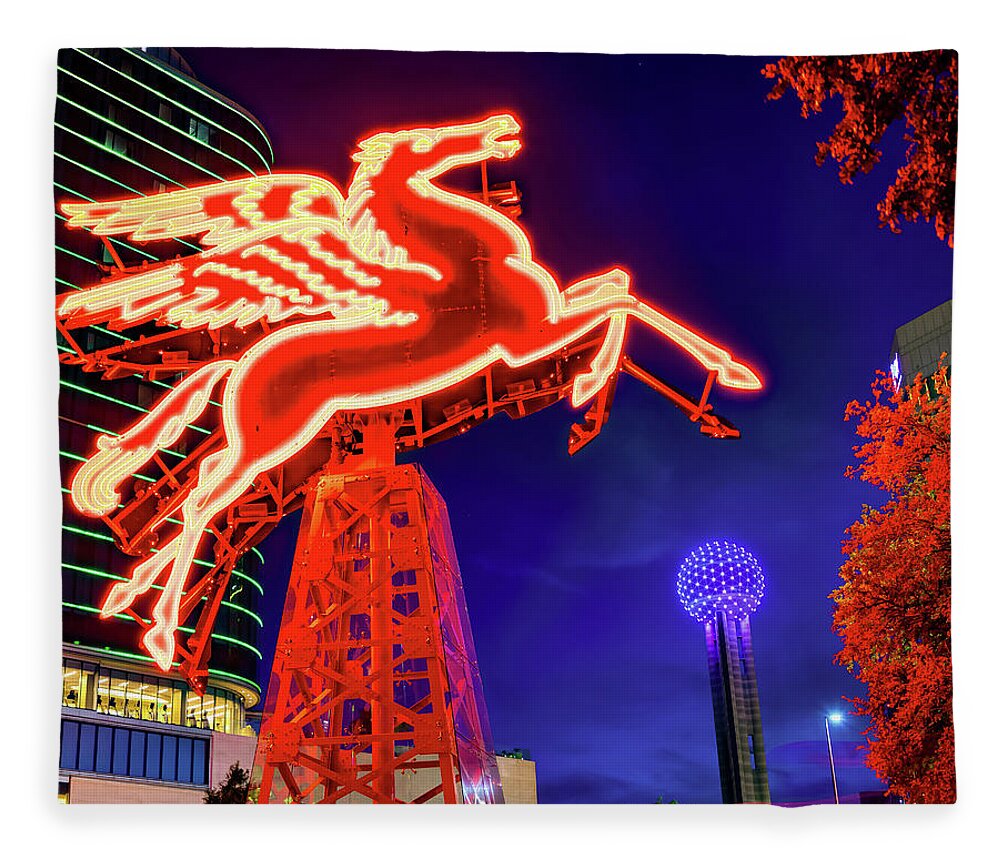 Dallas Pegasus Fleece Blanket featuring the photograph Dallas Flying Red Pegasus and Reunion Tower at Dusk by Gregory Ballos