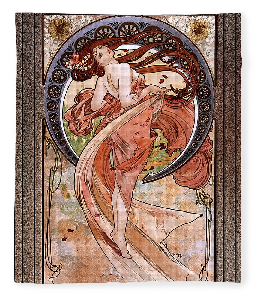 Dance Fleece Blanket featuring the painting Dance by Alphonse Mucha Black Background by Rolando Burbon