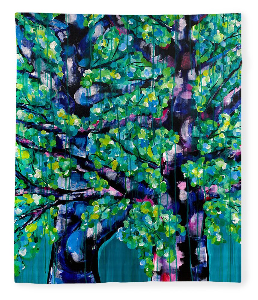 Trees Fleece Blanket featuring the painting Dancing in the Rain by Beth Ann Scott