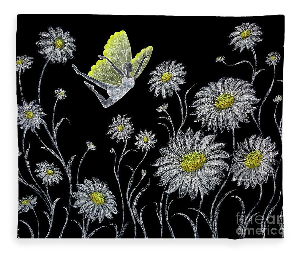  Daisy Fleece Blanket featuring the drawing Dancing with Daisies by Yoonhee Ko